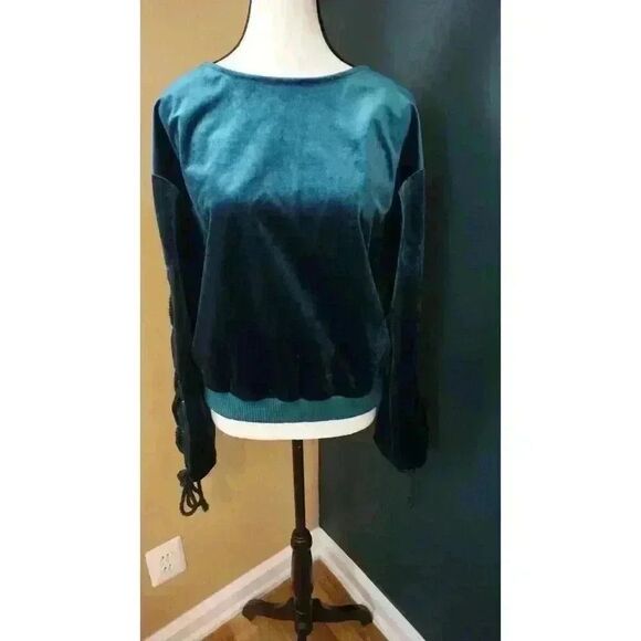 LIE by Lee Chung Chung Velvet Lace-Up Sleeve Top in Teal - Size S - Picture 11 of 15